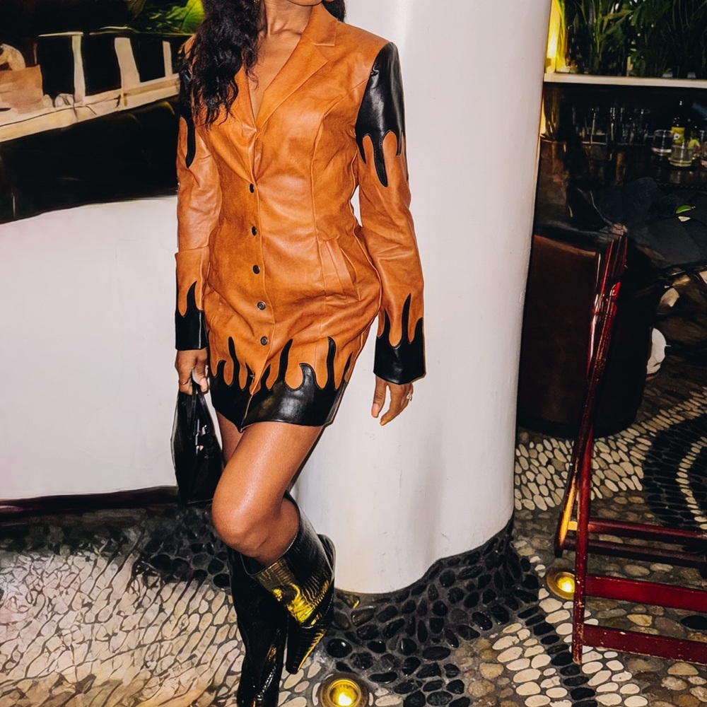 Brown and Black Women's Leather Mini Dress